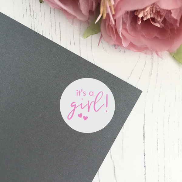 It's A Girl! Baby shower announcement stickers in 37mm matte finish